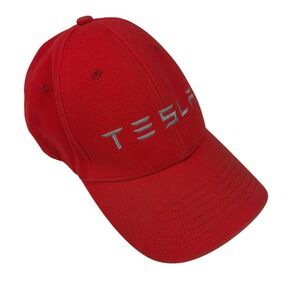 Red Tesla Baseball Cap Embroidered Logo Flexfit Size S/M Hat Electric Car EV